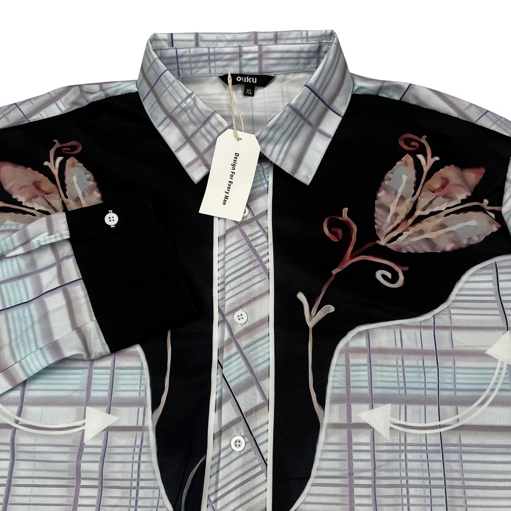 Ouku Western Button Up Shirt Mens XL Black Floral Yoke Grid Print Long Sleeve